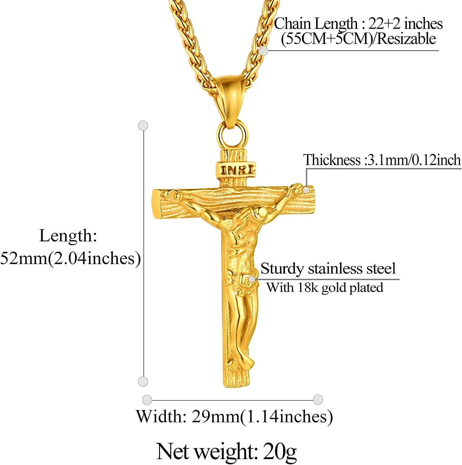 Men Gold Chain Crucifix Jesus Necklace Males Jewelry Gold Cross Pendant with 22Inch,Thanksgiving Day Gift Chain