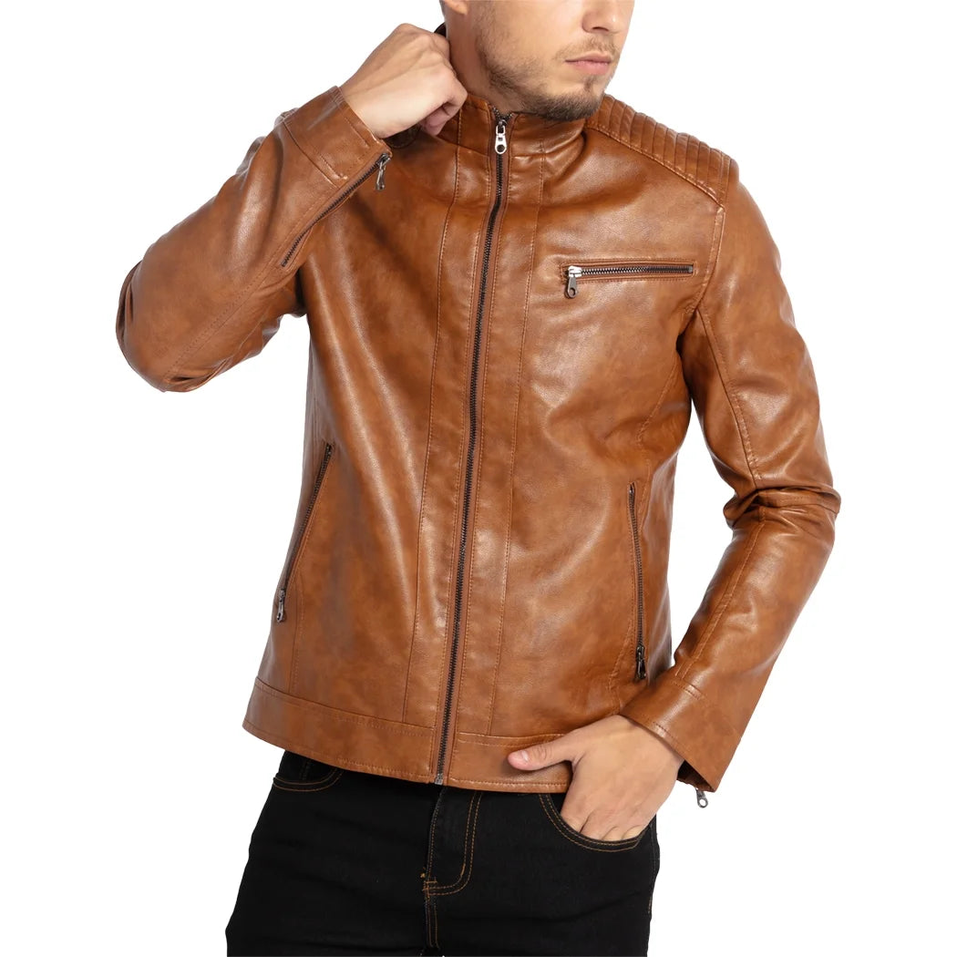 Men's Stand Collar Leather Jacket Motorcycle Faux Leather Jackets Outwear