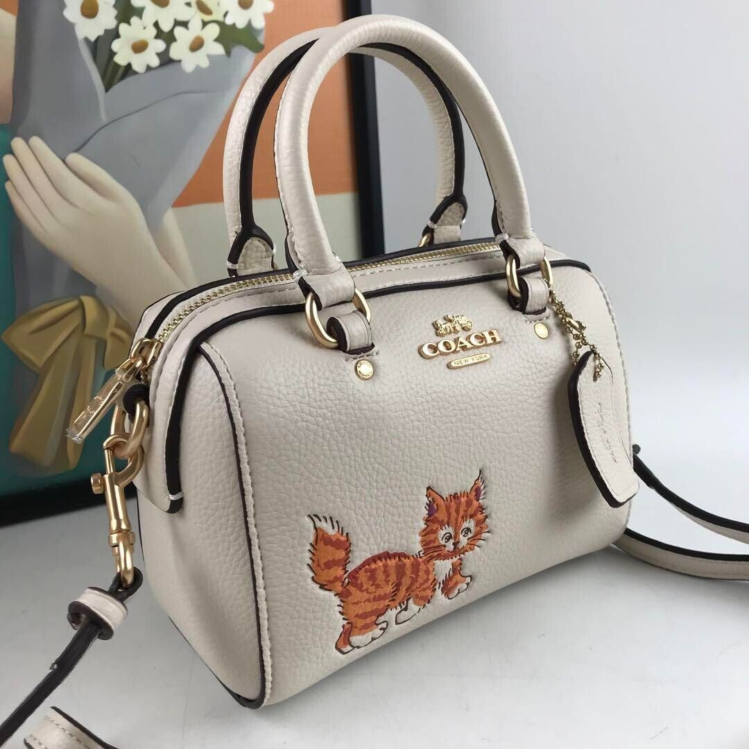 COACH Rowan MINI XS Dancing Kitten Cat Crossbody Bag Chalk Gold CD445 Outlet New